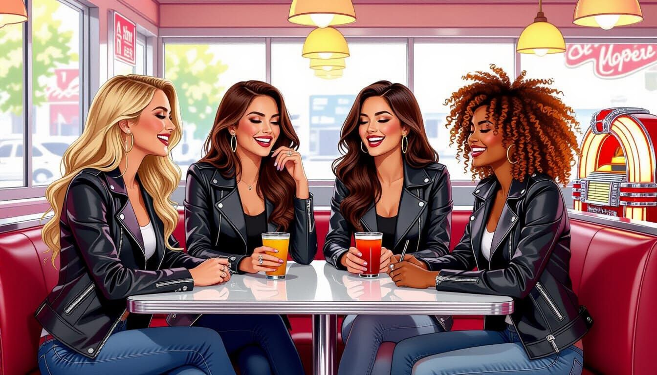 Women Laughing in Retro Diner, Comic Art Style