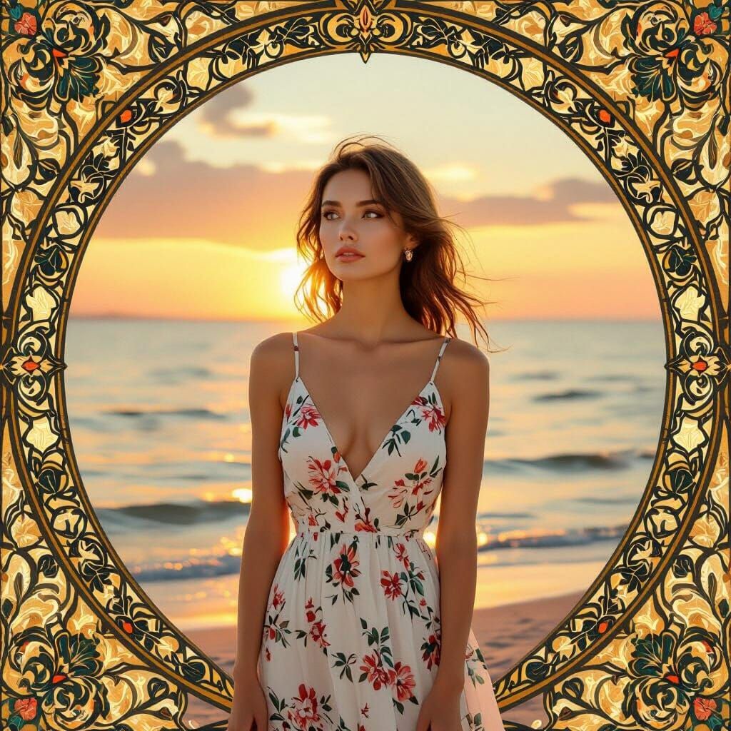 Pensive Model on Beach at Sunset: Classical Portraiture