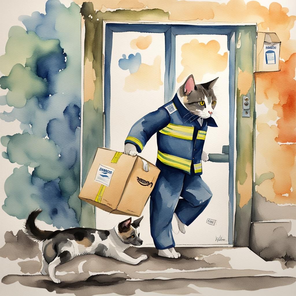 Cat Delivery Driver: Watercolor Abstract Art