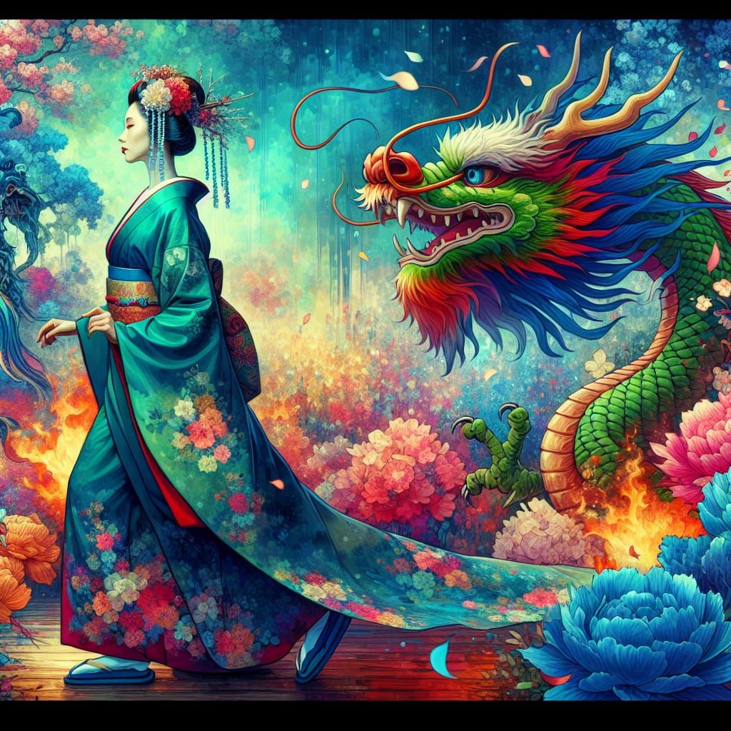 Geisha and Dragon Stroll Through Floral Landscape