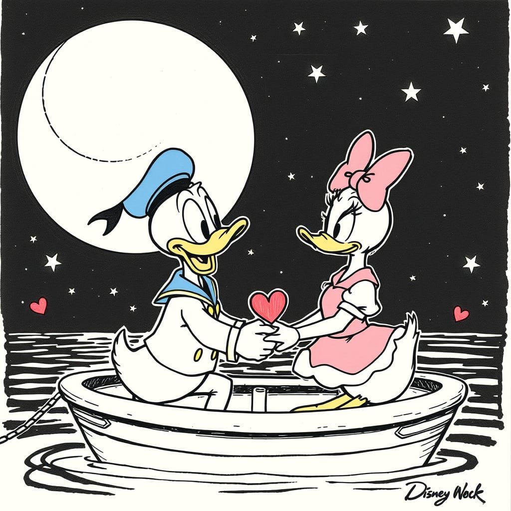 Disney Characters in Romantic Nighttime Scene