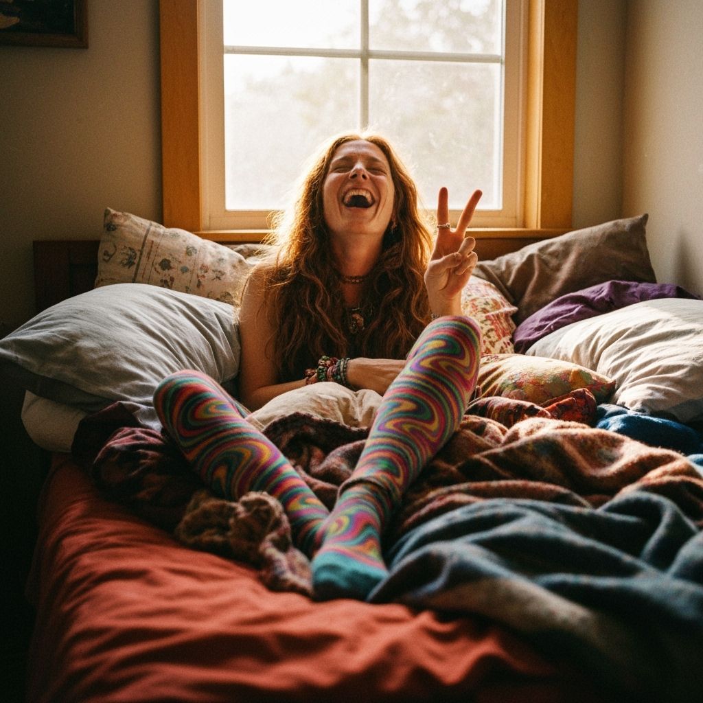 Laughing Hippie with Psychedelic Socks