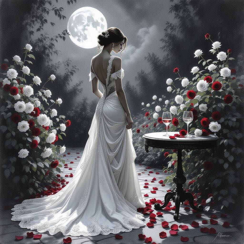 Moonlit Garden: Woman in Flowing Gown