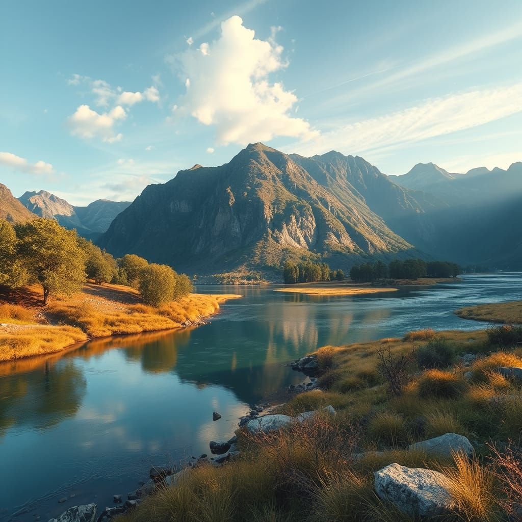 Tranquil River Landscape with Detailed Natural Elements