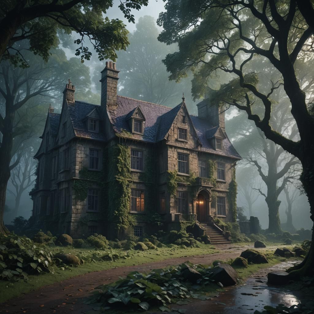 Dark Fantasy Manor House in Misty Woods