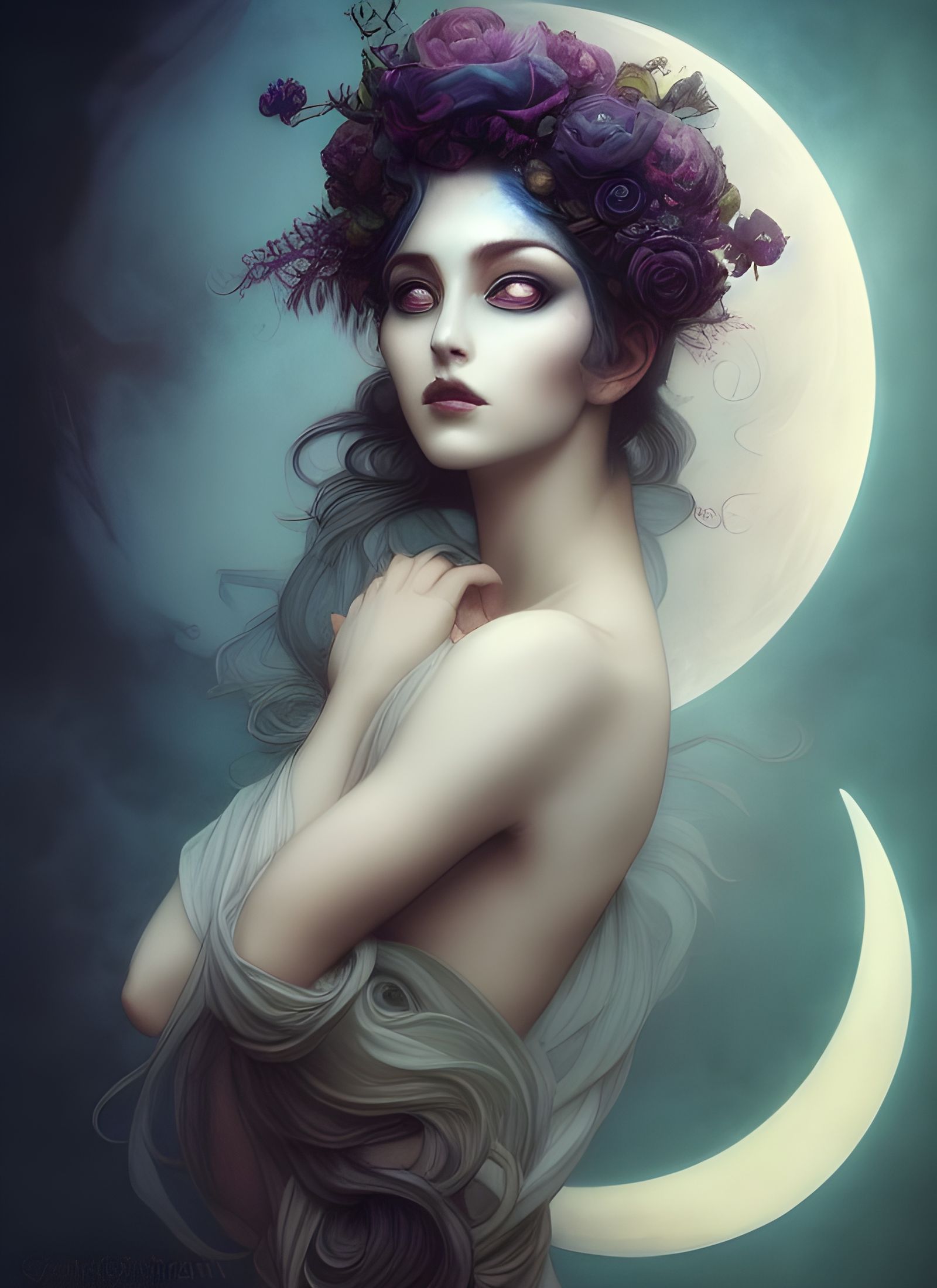 Ethereal Moon Goddess Portrait in Gothic Romantic Style