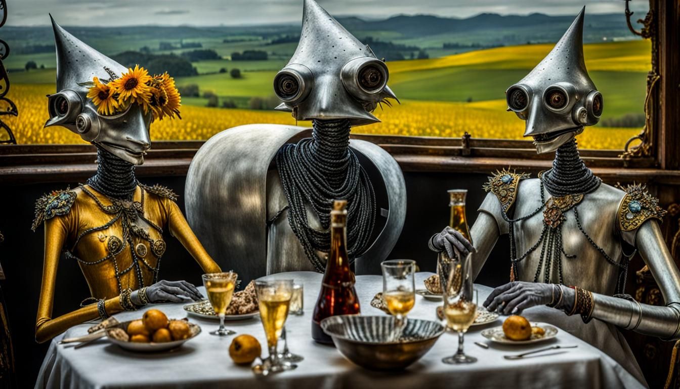 Surreal Alien Restaurant Celebration in Ethereal Light