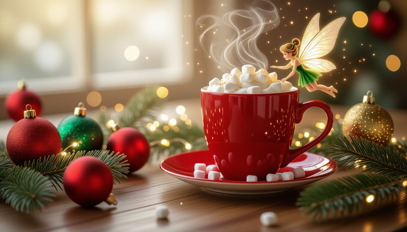 Magical Christmas Scene with Fairy and Hot Chocolate