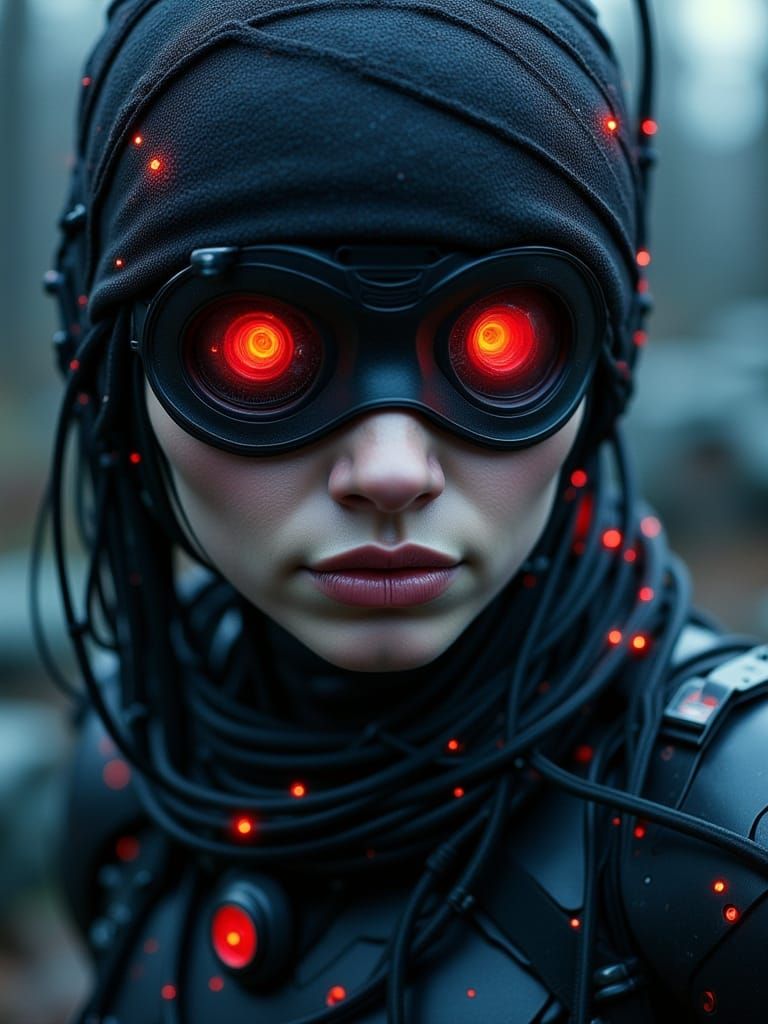 Cyborg Woman in Neon-Lit Chamber, in Cyberpunk Style