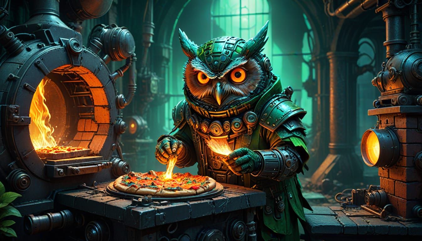 Steampunk Gnome Pizza Ecstasy with Owl Scientists