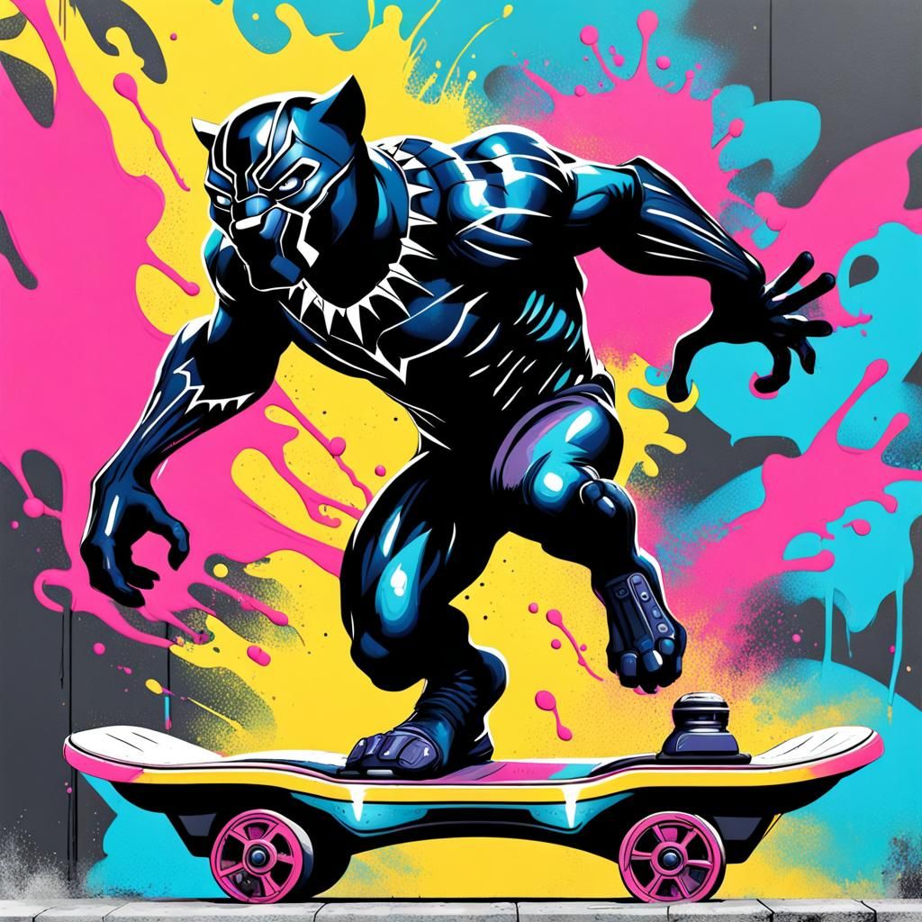 Black Panther on Hoverboard in Graffiti Art Style