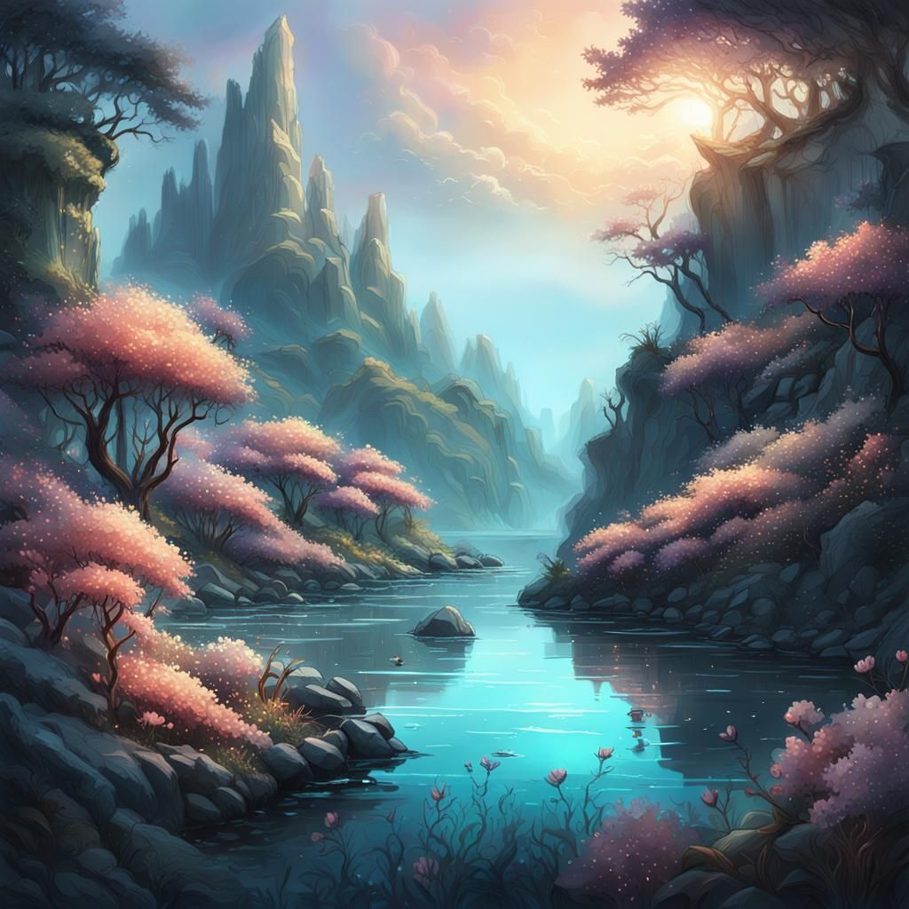 Fantasy Evening Landscape: Digital Art in Soft Colors