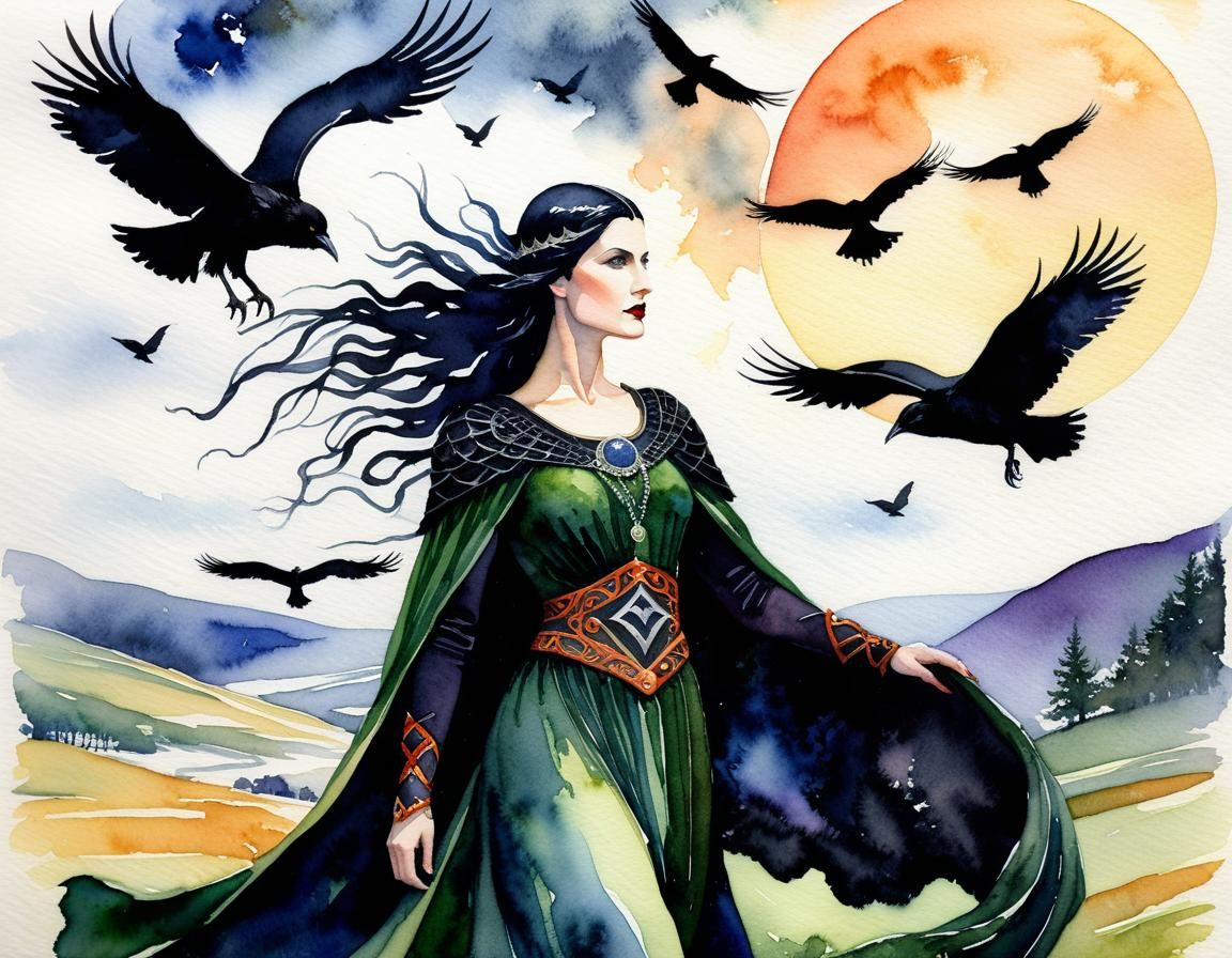 Morrigan, Celtic Goddess of Fate in Watercolor