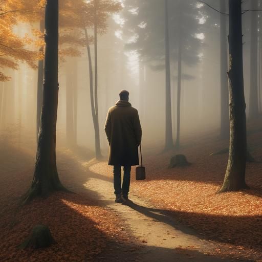 Man Walks Through Autumnal Forest in Impressionist Style