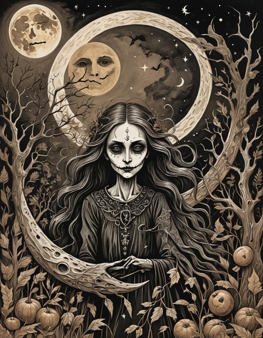 Eerie Sepia Woodcut: Harvest Moon Witchcraft in Gouache Styl...