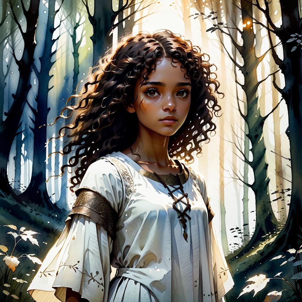 Medieval Girl in Forest: Watercolor Illustration