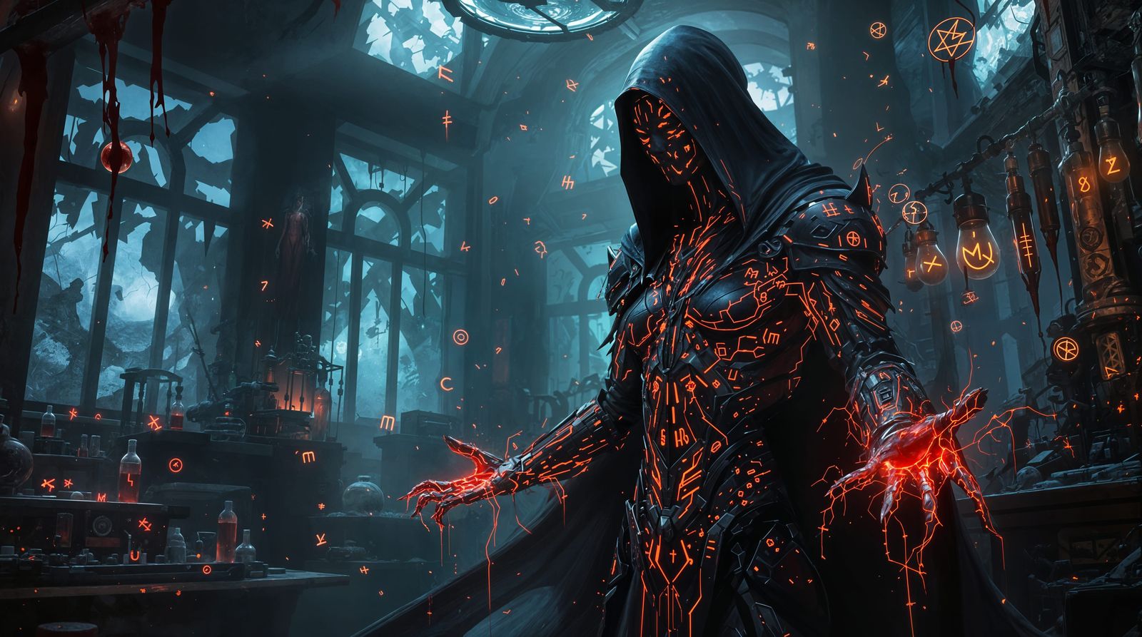 Biopunk Sorceress in a Ruined Lab