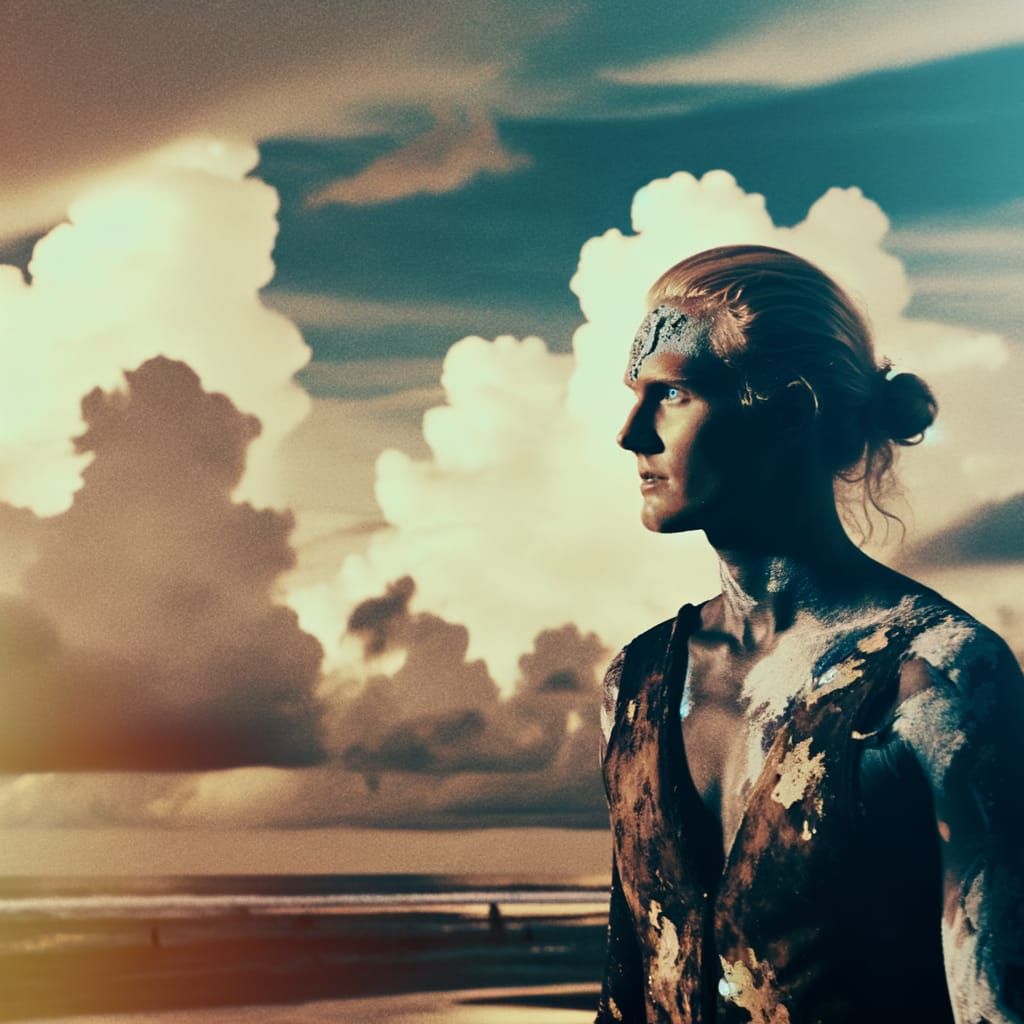 Painted Blonde Woman on Beach in Cinematic Style