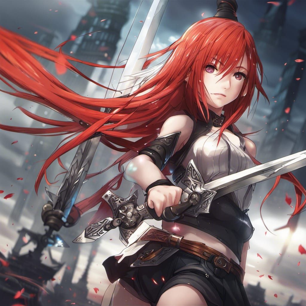 Red-Haired Anime Girl with Sword in 4K