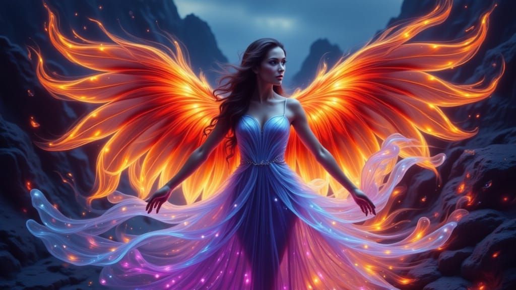 Phoenix Woman in Lava Landscape with Fiery Wings
