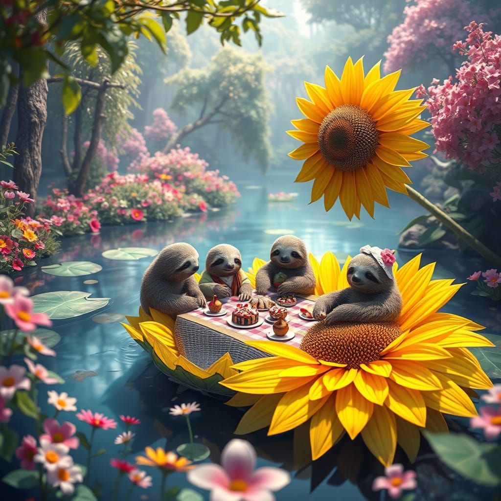 Sloth Picnic on Sunflower: Cosmic Digital Illustration