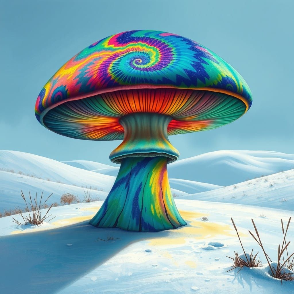 Glowing Iridescent Mushroom Emerges from Snowy Landscape in ...