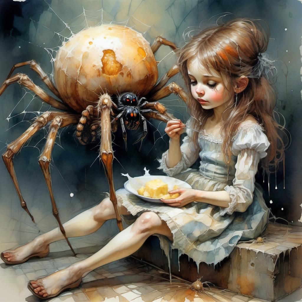Miss Muffet and Spider: Fairytale Illustration