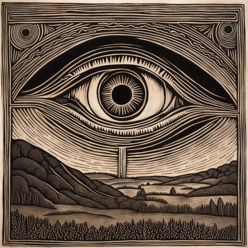 Weeping Eye in Sky: Woodcut Art Style