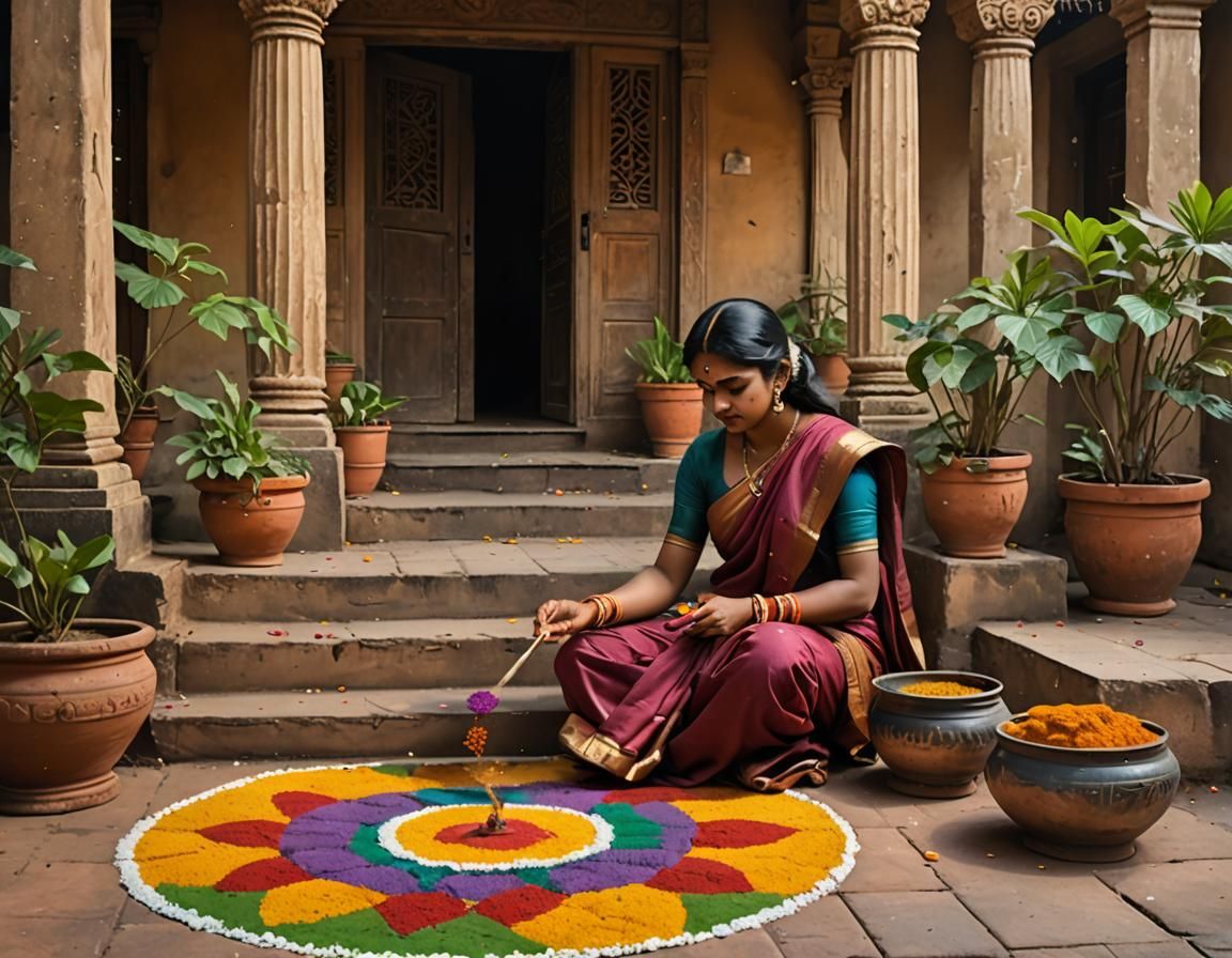 South Indian Woman Creates Rangoli in Courtyard