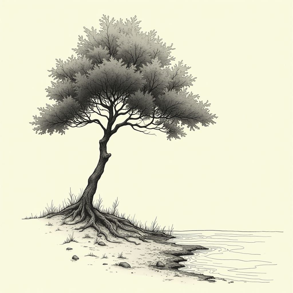 Simplistic Tree by Gentle Stream in Minimalist Line Drawing
