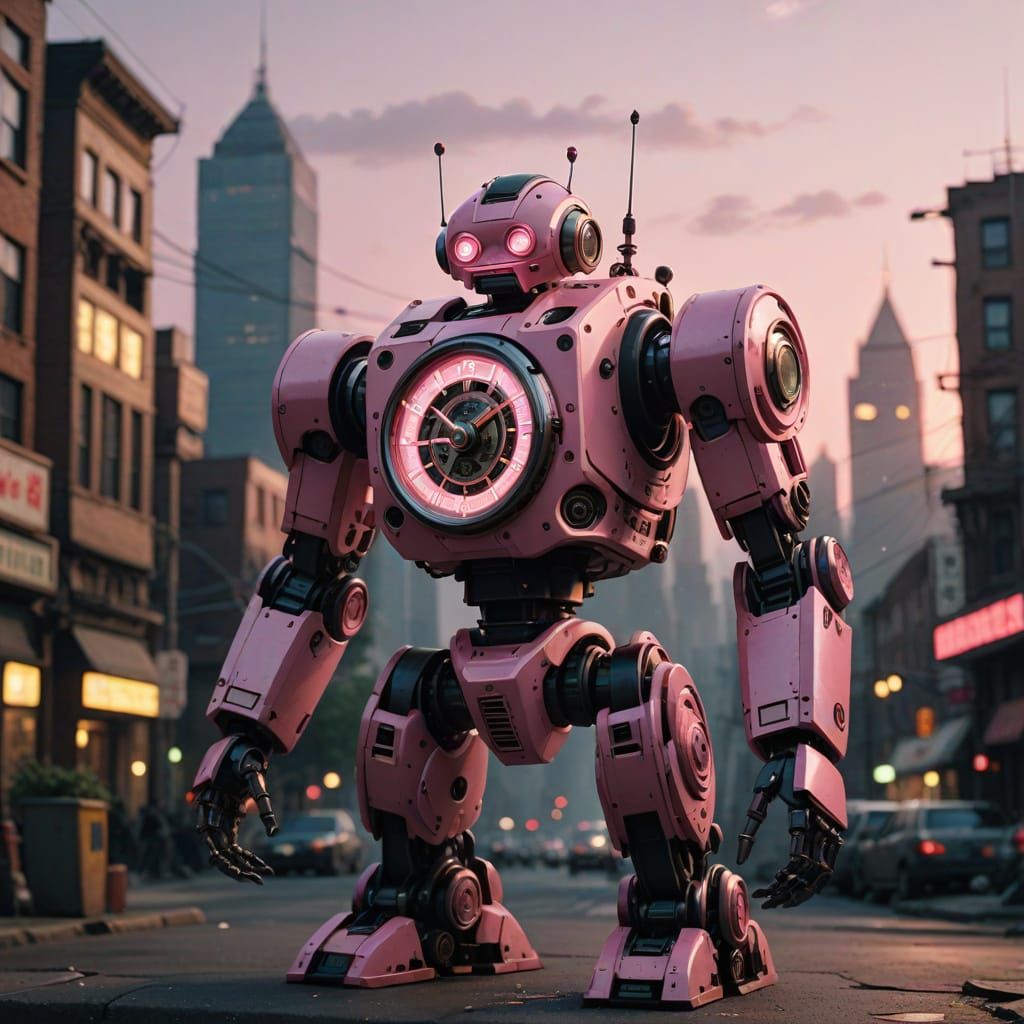 Heroic Pink Clock Robot in Dramatic Cityscape