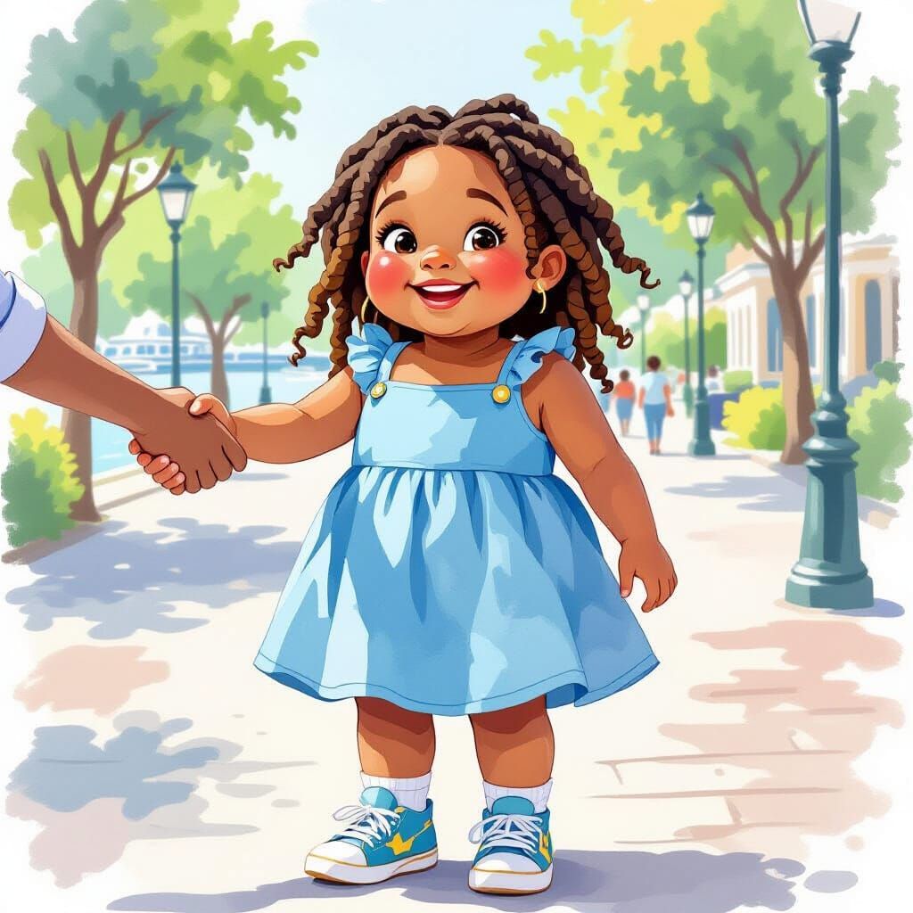 Smiling Girl on Riverwalk: Expressive Watercolor Portrait