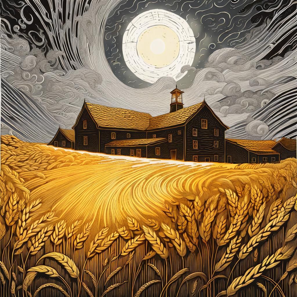 Disturbing Woodcut Print of Ripe Barley