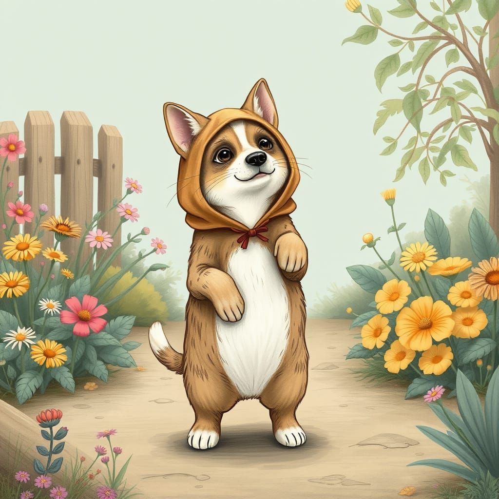 Dog in Cat Costume in Whimsical Garden