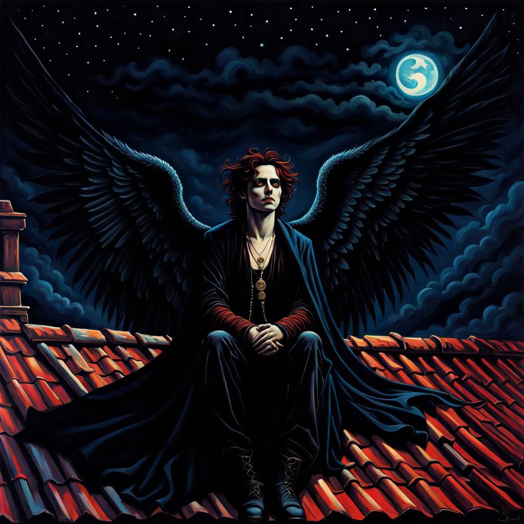 Gothic Vampire Warlock on Roof: Surrealist Digital Art