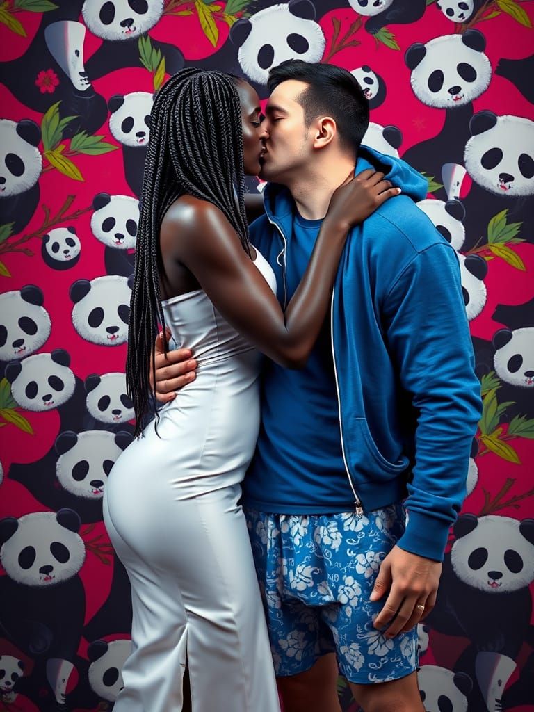 Interracial Couple Embrace with Panda Background, Hyperreali...