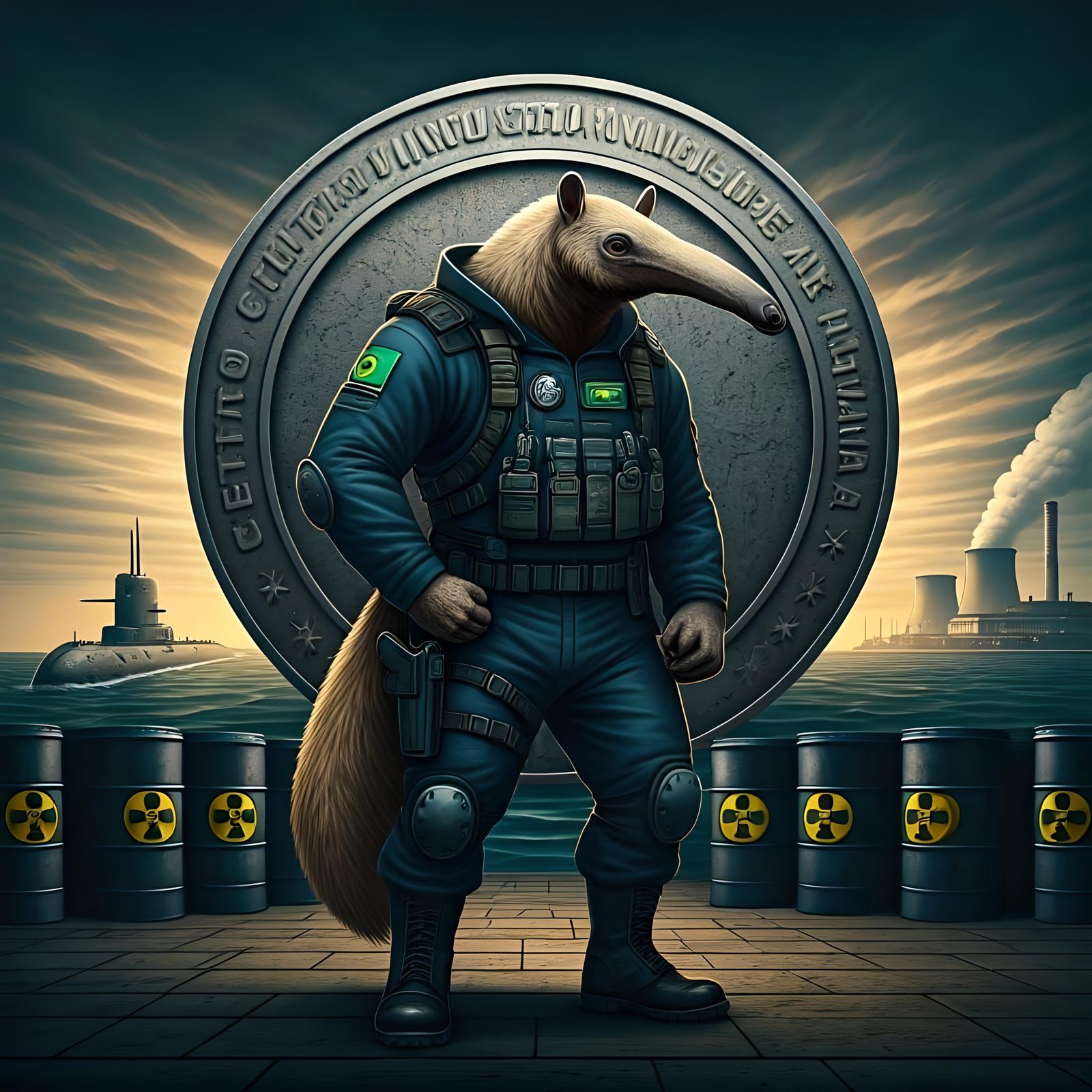 Anteater Guarding Nuclear Facility: Industrial Logo