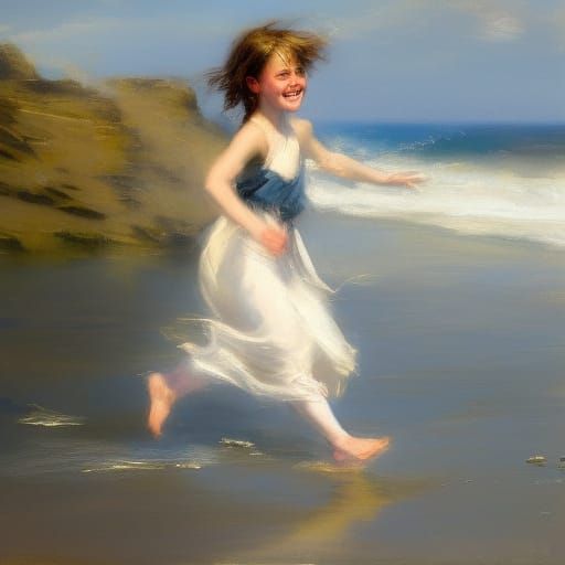 Beach Joy: Impressionistic Painting of Youth and Dog