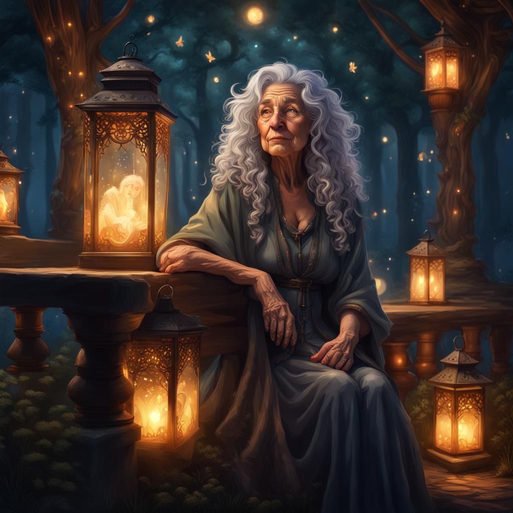 Old Sorceress in Gazebo at Night: Hyperrealistic Splash Art