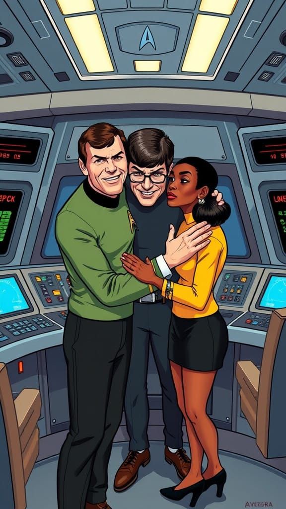 Captain Kirk, Spock, and Uhura Hug in Vibrant Cartoon Style