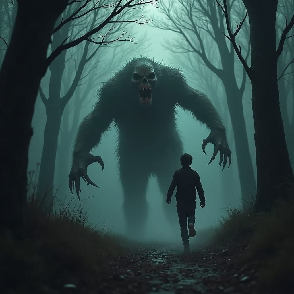 Grotesque Creature Chases Person Through Dark Forest