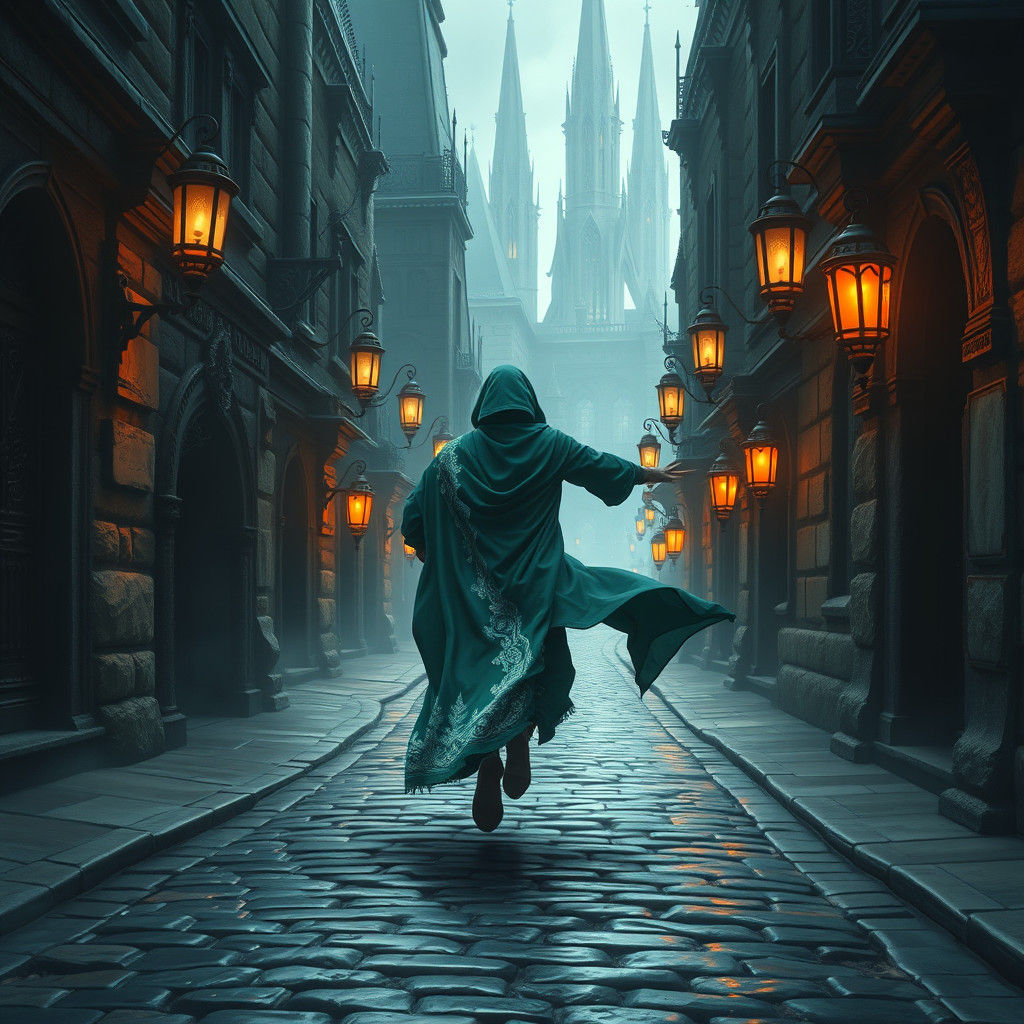 Emerald Cloak Escape in Dreamlike Realm, Matte Painting