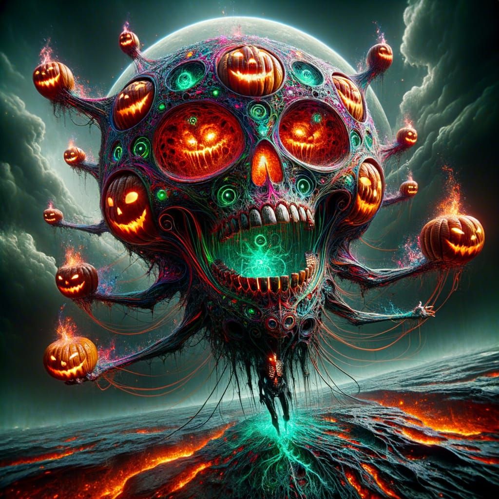Eerie Gothic Humanoid with Pumpkin Heads on Alien Planet