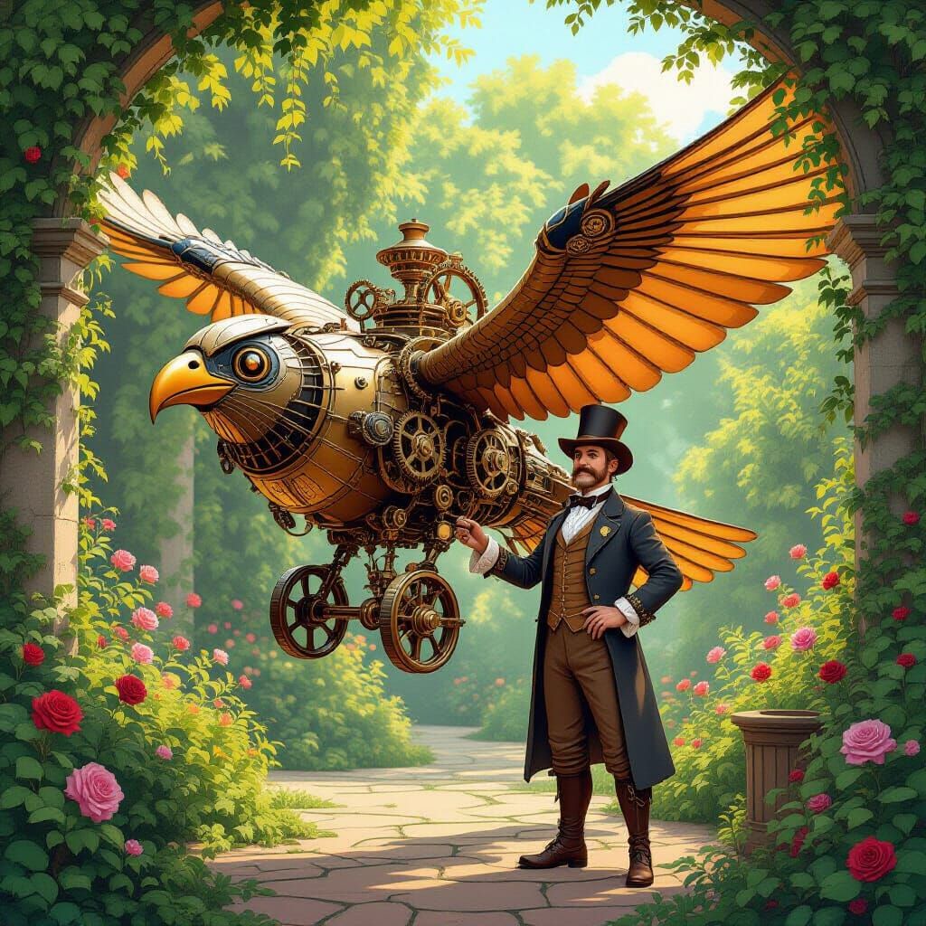 Steampunk Inventor and His Mechanical Bird