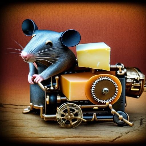 Steampunk Rat Feast on Cheese Near Engine