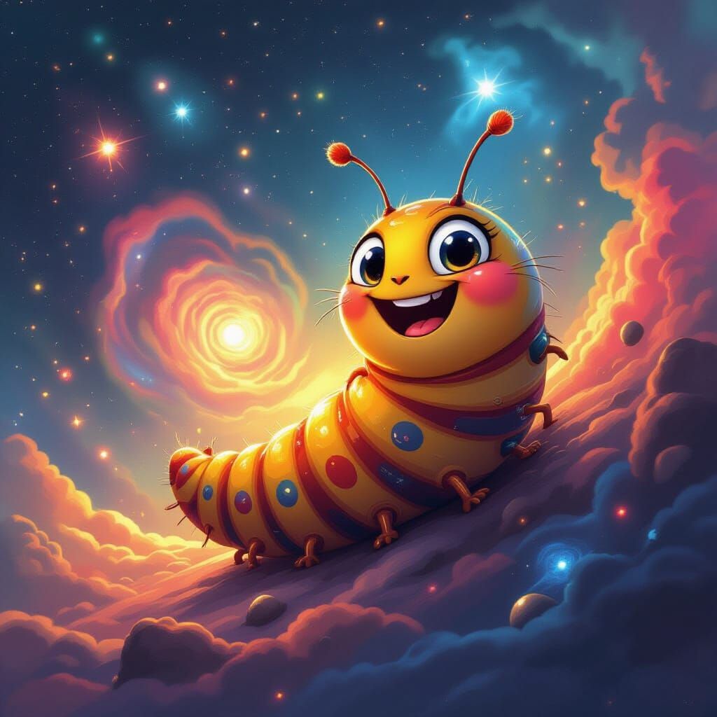 Smiling Caterpillar in Swirling Cosmic Cartoon Landscape