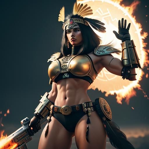 Aztec Warrior Woman with Flaming Sword in Cyberpunk Style