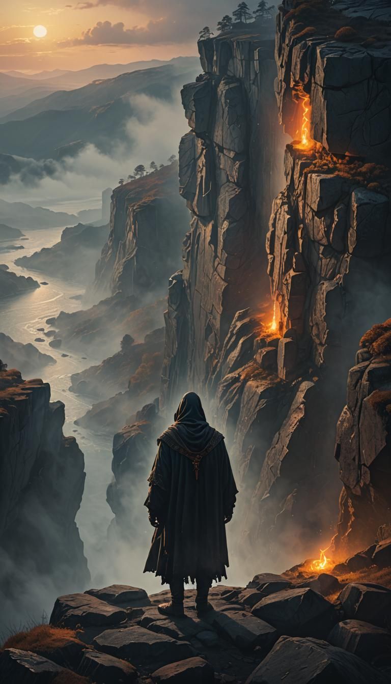Mysterious Figure at Cliff's Edge in Golden Light