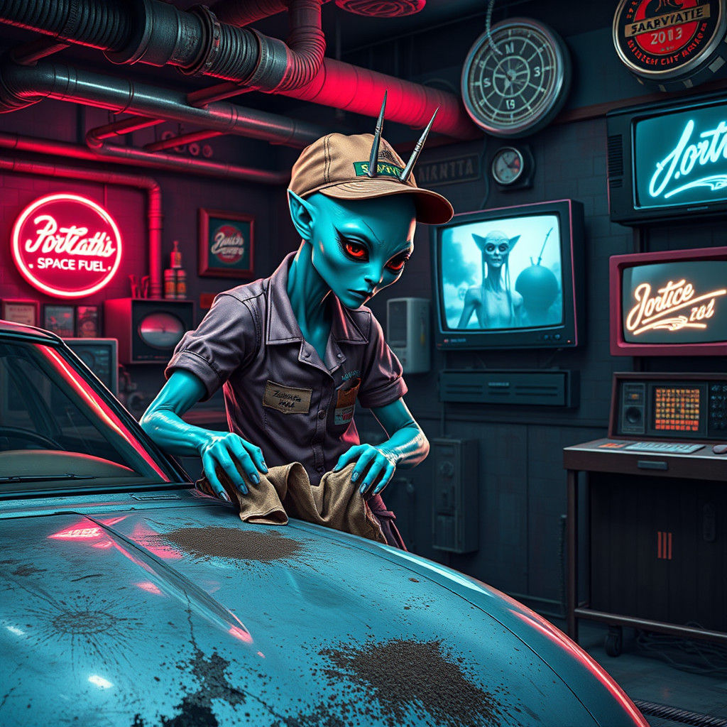 Alien Gas Station Attendant in Dystopian Sci-Fi Style