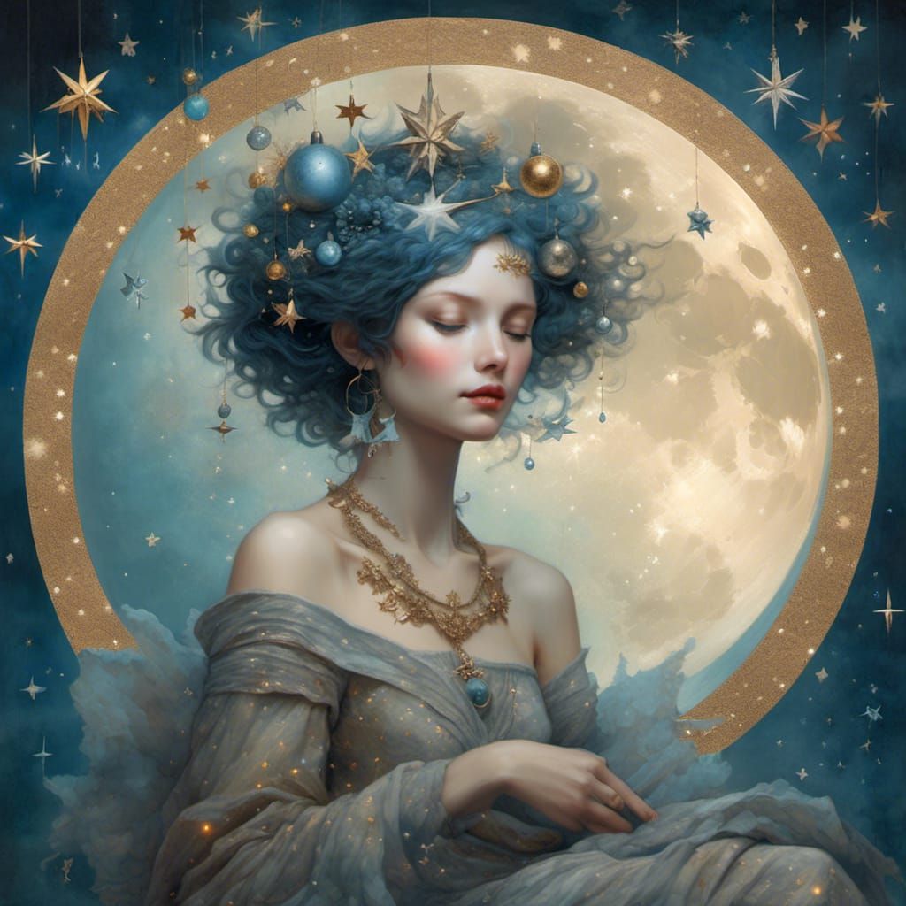 Woman on the Moon with Christmas Star